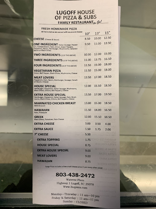 Menu Lugoff House Of Pizza Subs - 21