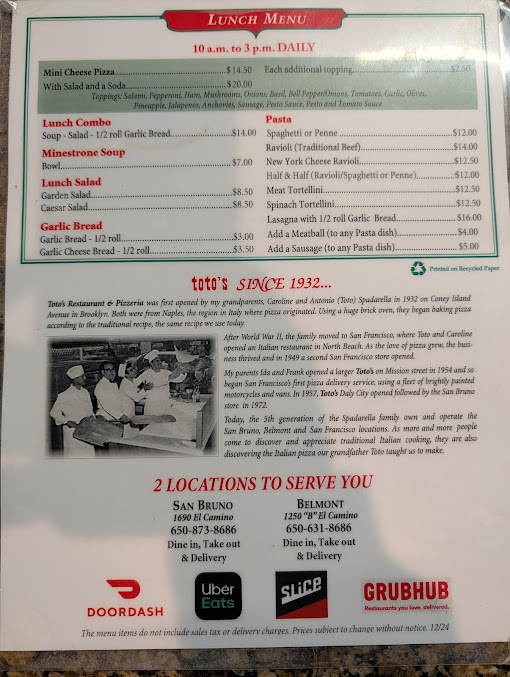 Menu Totos Pizzeria Restaurant San Bruno - 18