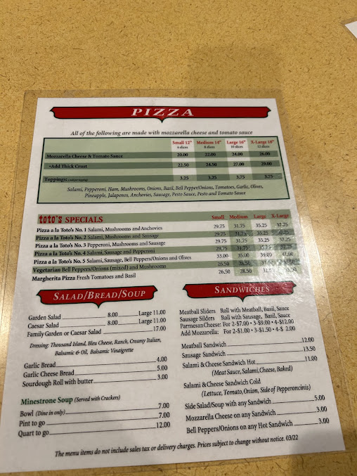 Menu Totos Pizzeria Restaurant San Bruno - 22